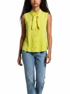 Patrizia Pepe Neon Yellow Sleeveless Tie Neck Button Front Blouse Top Italy 38